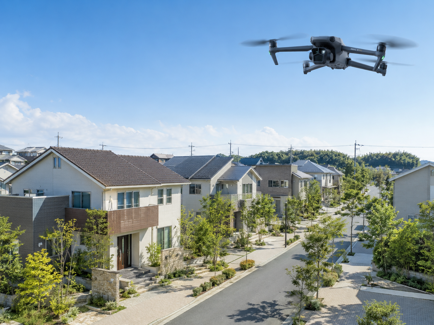 日本の住宅街と新築住宅を空撮で見せるイメージ